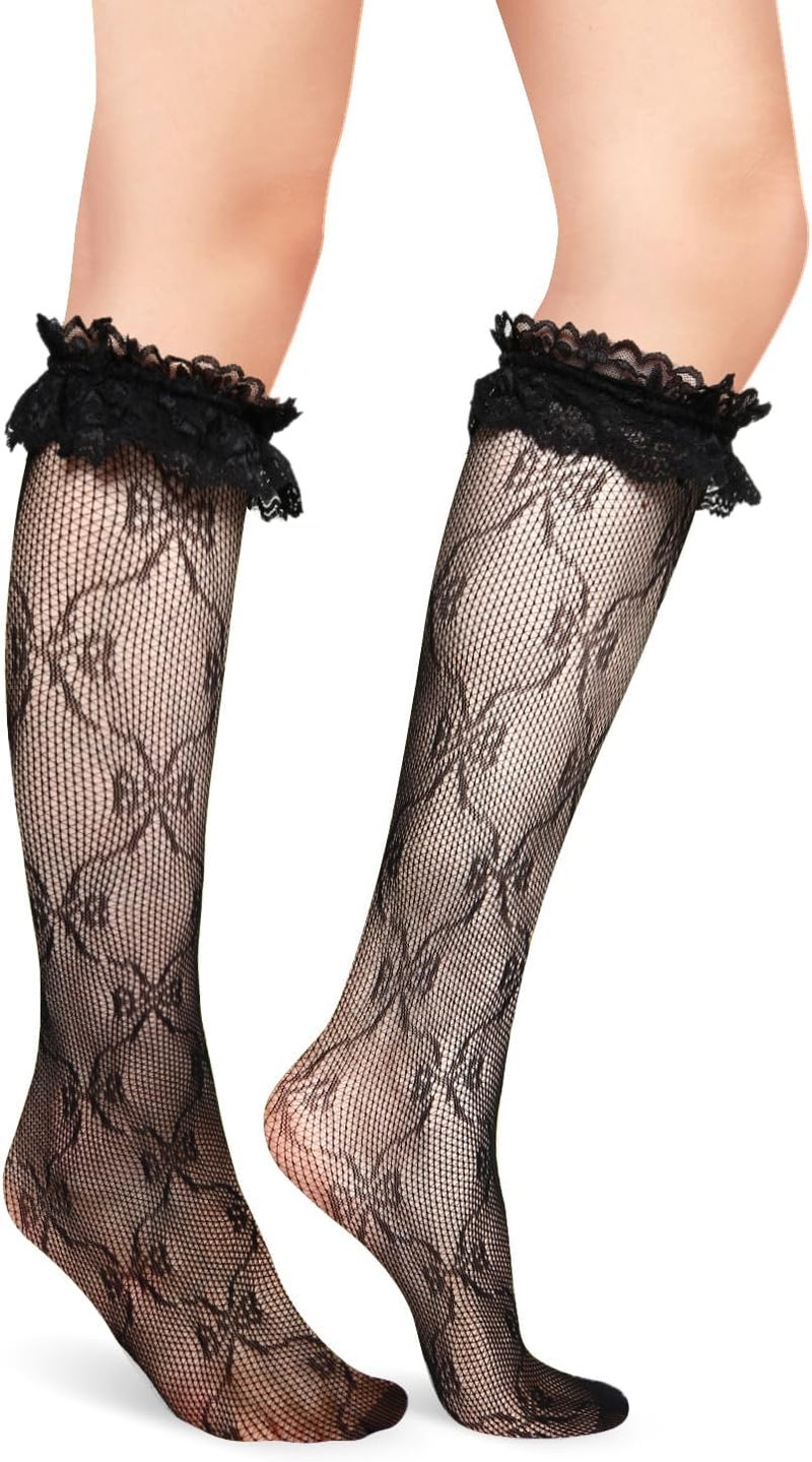 Benefeet Sox Lace Fishnet Knee High Socks Women Girls Ruffle Mesh Knee Highs Lolita Socks Fishnet Stockings - Image 3
